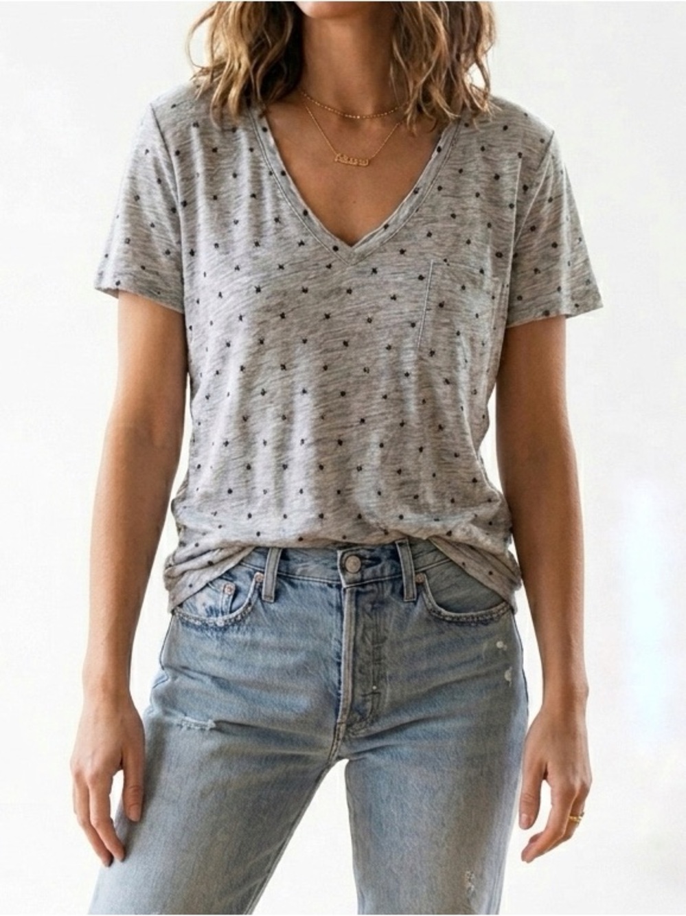 Rails Cara V-Neck T-Shirt Grey Black Stars Linen Blend Size Large